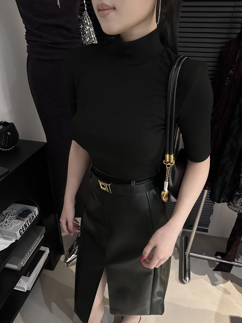 法式半高领时尚针织＋软PU腰带前开叉半裙套装15669秋冬修身