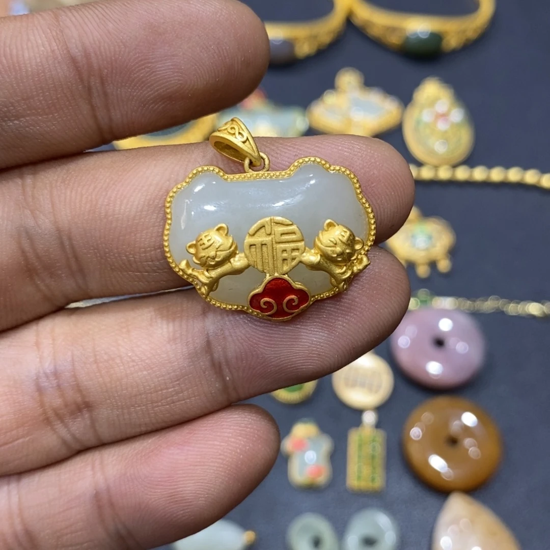 和田玉颈饰银S925镀金镶嵌