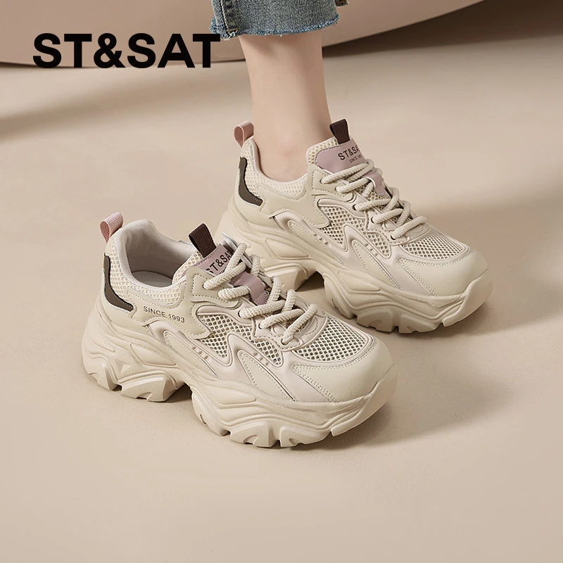 星期六夏季薄款网面透气运动鞋女款2025新款休闲鞋厚底增高老爹鞋