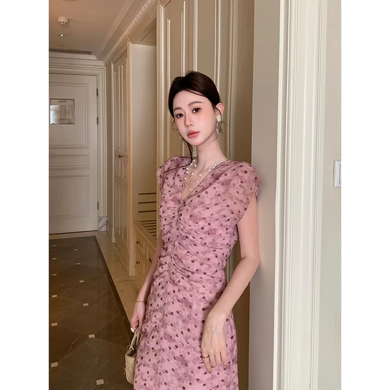 【清仓】法式浪漫扎染V领度假风褶皱收腰显瘦短袖波点连衣裙LYQ1010