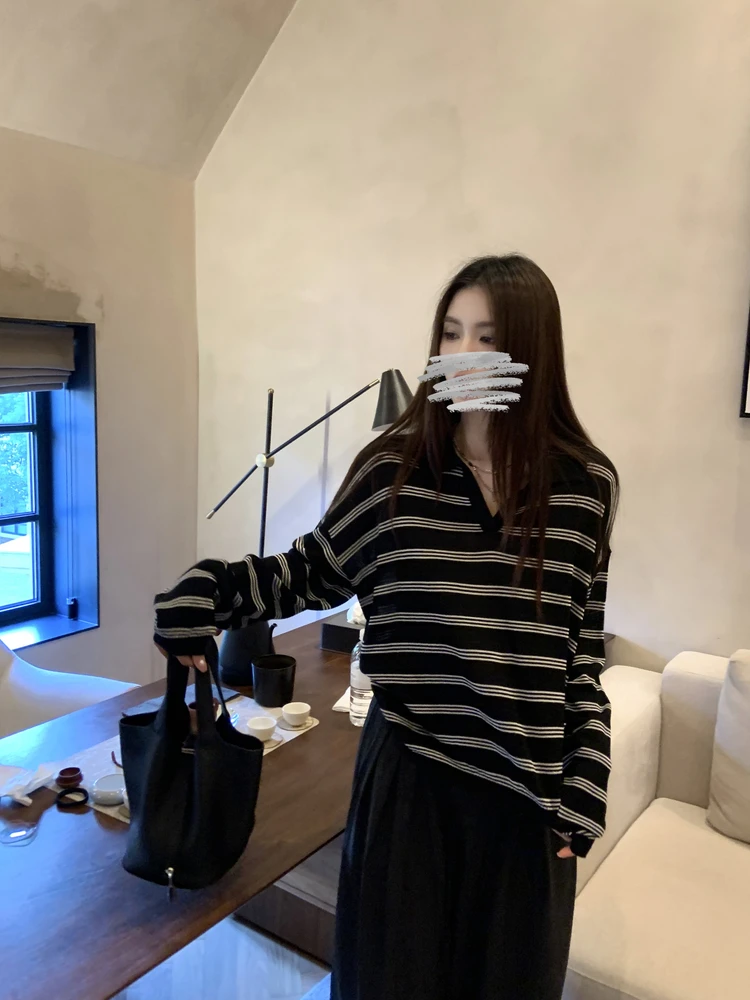 oooiss 纹翻领毛针织衫秋宽松老钱慵懒通勤休闲百搭长袖上衣女