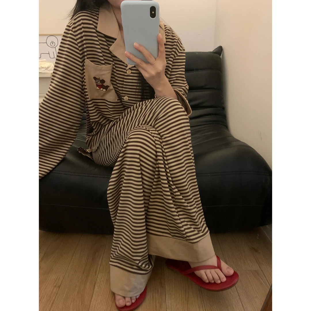 韩系条纹卡通印花德绒睡衣女春秋2025新款加绒加厚保暖家居服套装