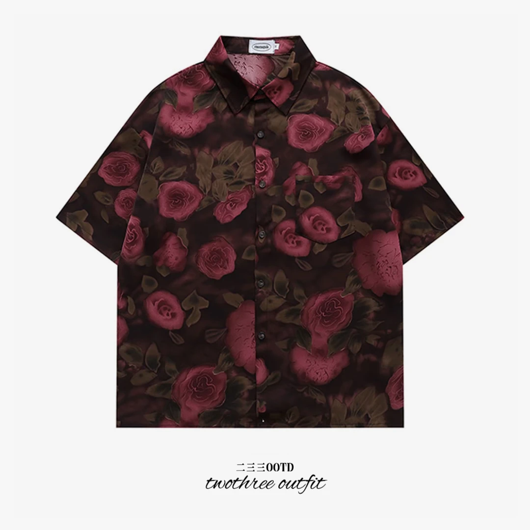 暗紫雅痞浪漫玫瑰花休闲五分袖夏季港风宽松衬衫设计感短袖男女