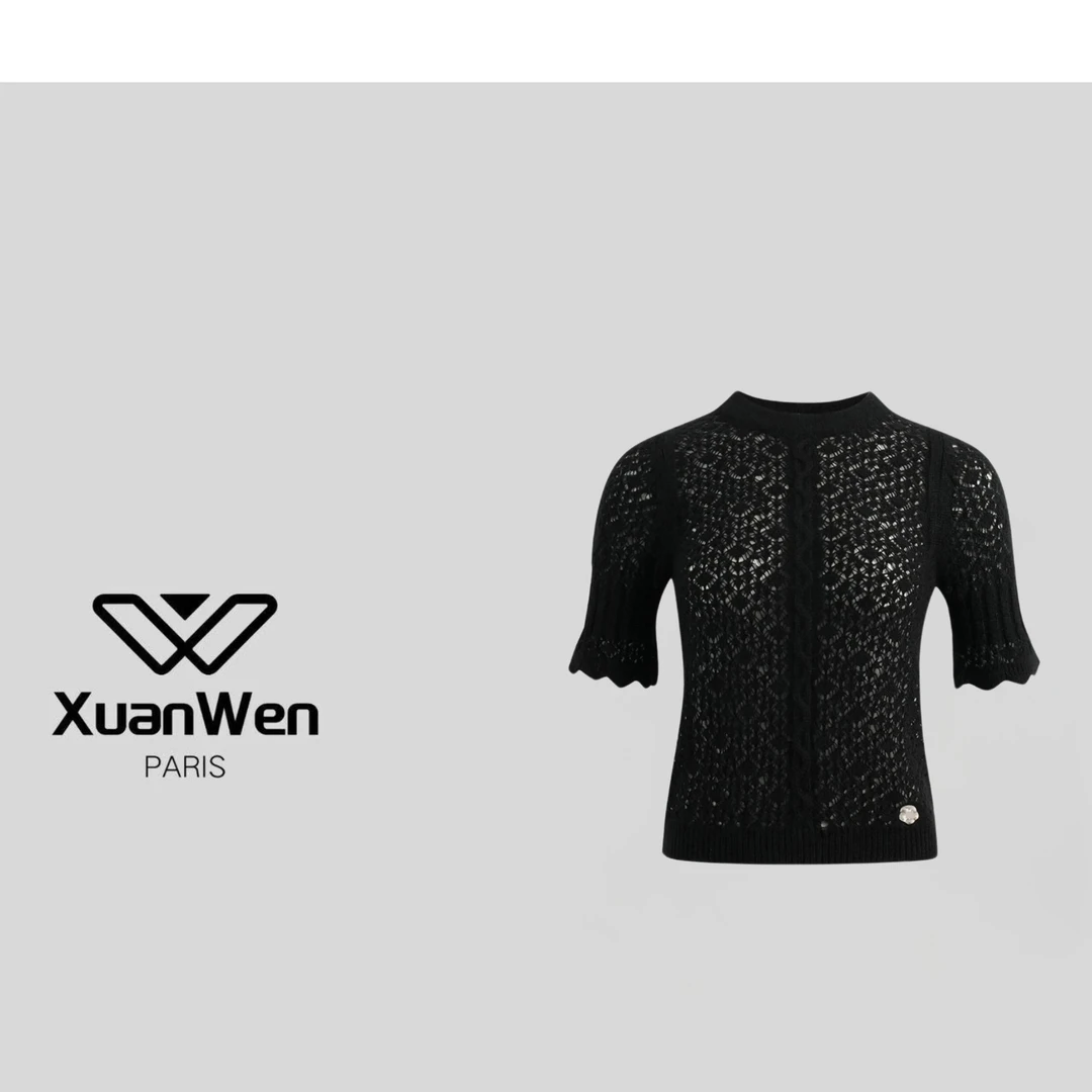 XW 时尚早春黑色镂空小香风法式女装半袖针织衫-2078