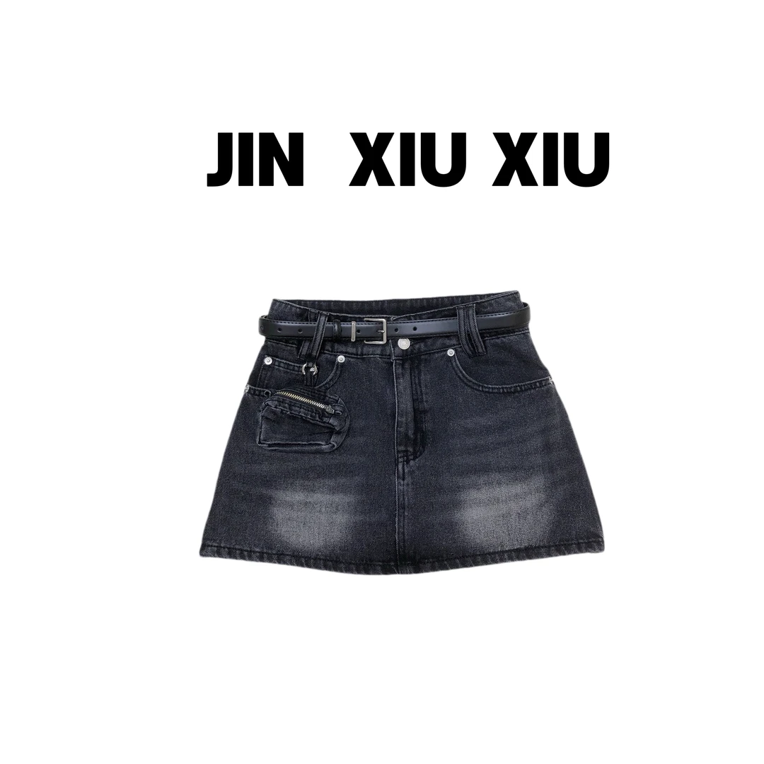 JINXIUXIU春夏新款设计感水洗韩系甜美牛仔短裙635