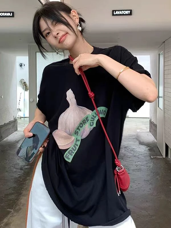 黑色大蒜印花女t恤短袖2025新款夏季显瘦时尚气质小众不撞款上衣