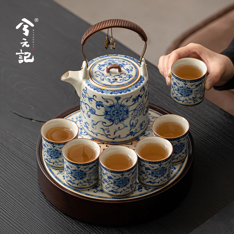 青花汝窑功夫茶具套装家用大容量提梁壶一壶六杯中式陶瓷茶壶茶杯