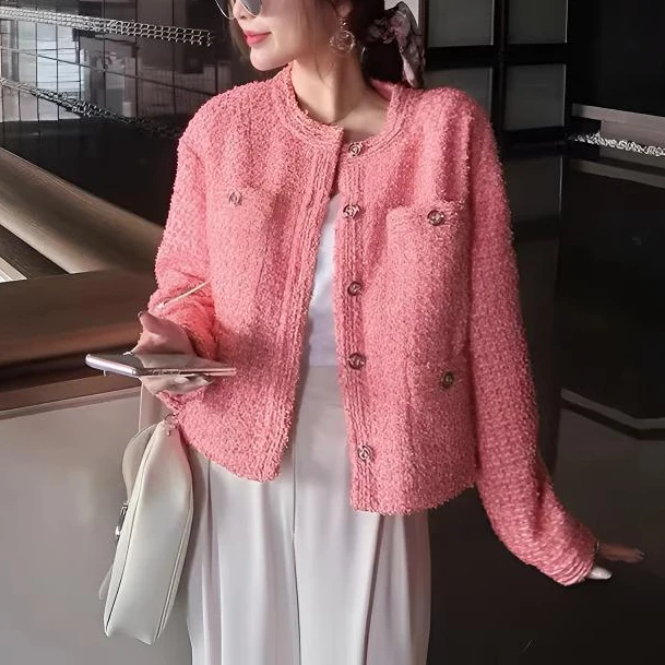 99新 Chanel/香奈儿 20P春夏预告34码橘粉色粗花呢圆领外套