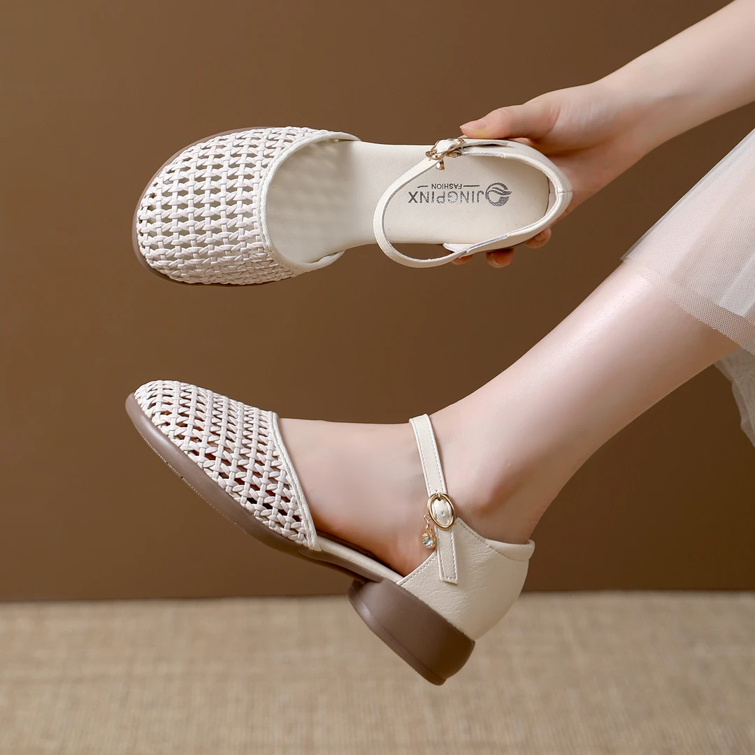 2025夏季新款包头包头凉鞋镂空浅口时装凉鞋粗跟舒适透风编织女鞋