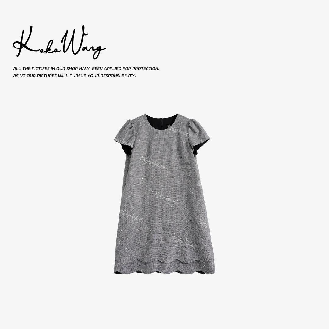 KOKOWANG 夏季名媛小香风闪亮修身显瘦波浪边连衣裙576485F21Q41