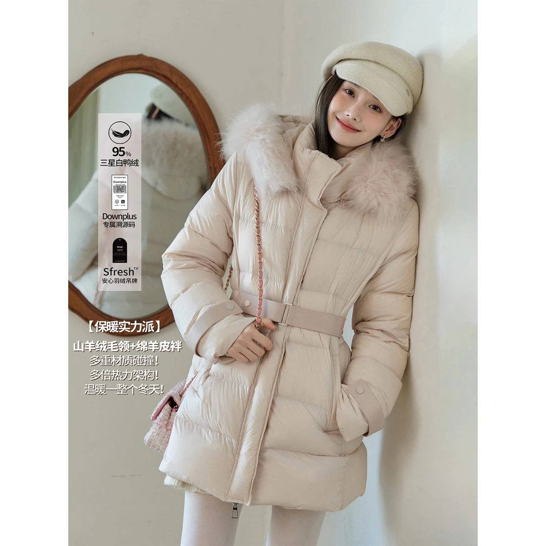 且可ChillCozy 折月亮 三星95鸭绒&山羊绒毛领羽绒服