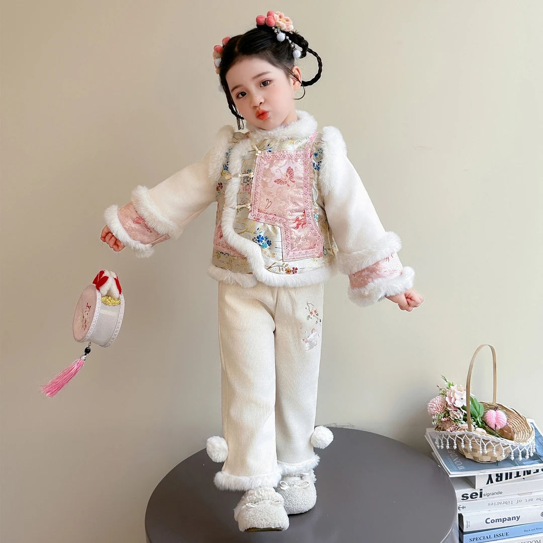 女童拜年服套装冬季2025新洋气宝宝国风新中式唐装儿童加厚两件套