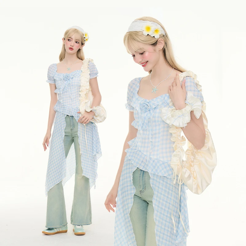 蝴蝶絮语 织物猪原则 蓝色开叉格纹连衣裙女夏日高腰显瘦长裤