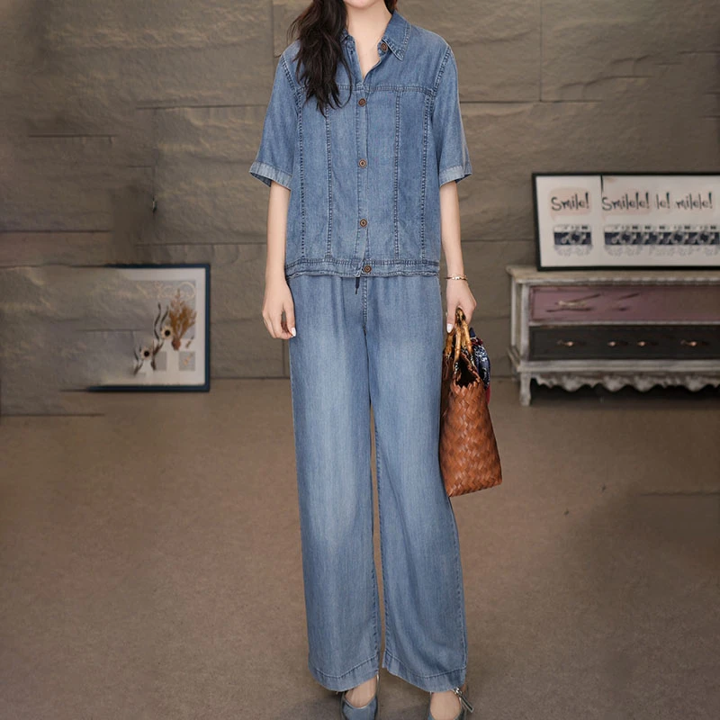 8713-6855蓝套装2025夏季新款莱赛尔短袖衬衫裤子百搭上衣长裤