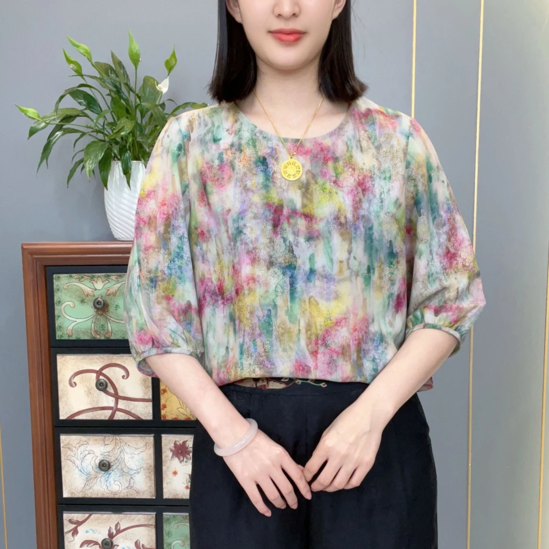 夏日缤纷2025夏季新款圆领半袖中老年妈妈装亲肤透气女士上衣小衫