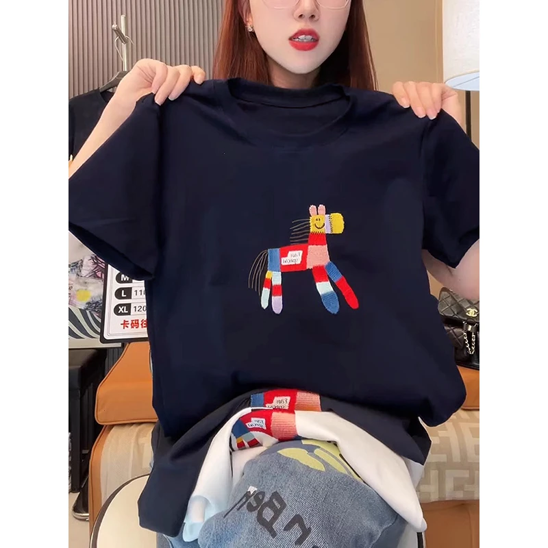 重工刺绣小马短袖t恤女夏季新款200斤宽松大码胖mm遮肉显瘦上