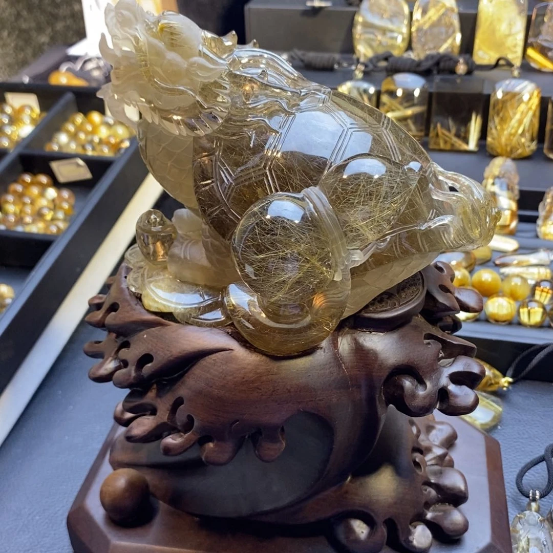 水晶摆件未镶嵌鱼****?天然发晶龙龟摆件