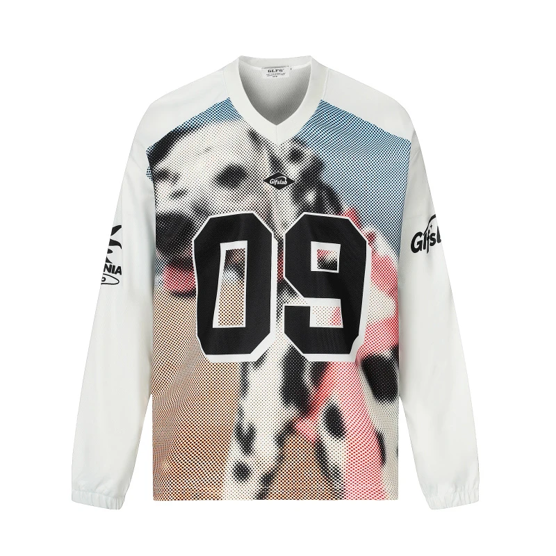 美式复古街头嘻哈潮流宽松运动休闲斑点狗数码印花情侣长袖t恤秋