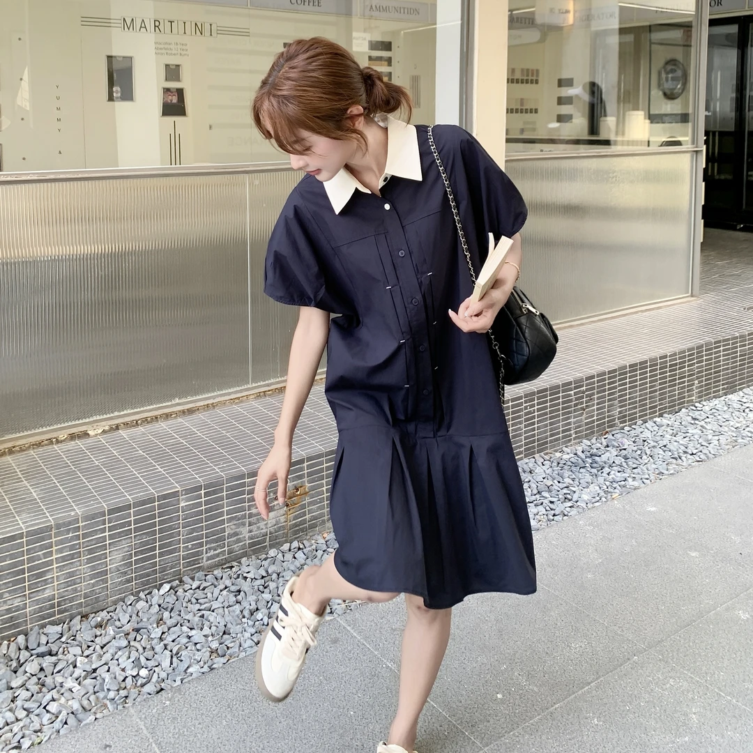 韩范学院风撞色polo领连衣裙女2025夏季小众设计感宽松休闲中长裙