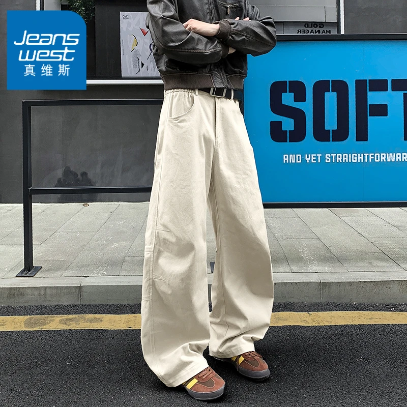 真维斯美式潮牌秋季时尚高街拖地拼接褶皱宽松弯刀裤轻奢痞帅男装