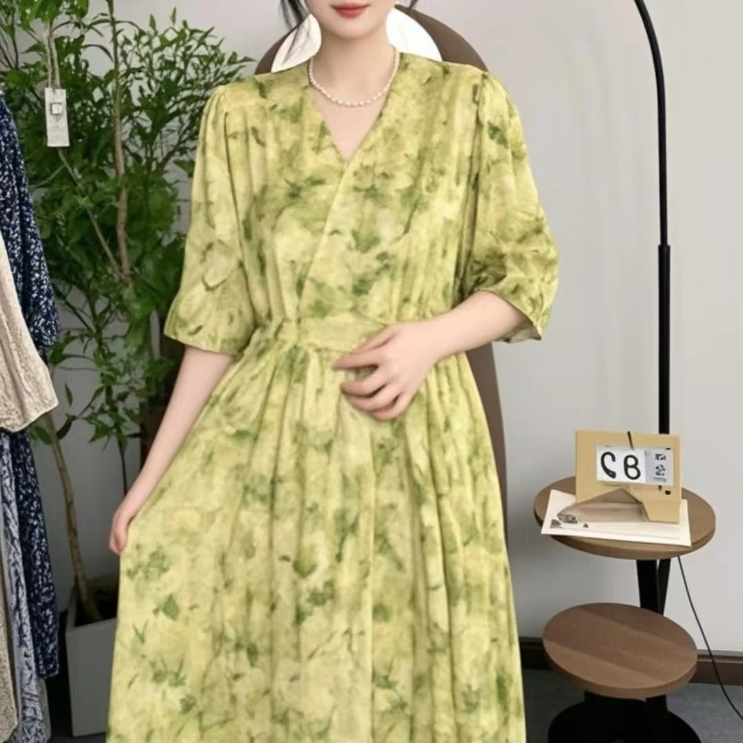 经典48织赫拉经典棉绸连衣裙-女印花显瘦百搭长款温柔甜美中长袖3