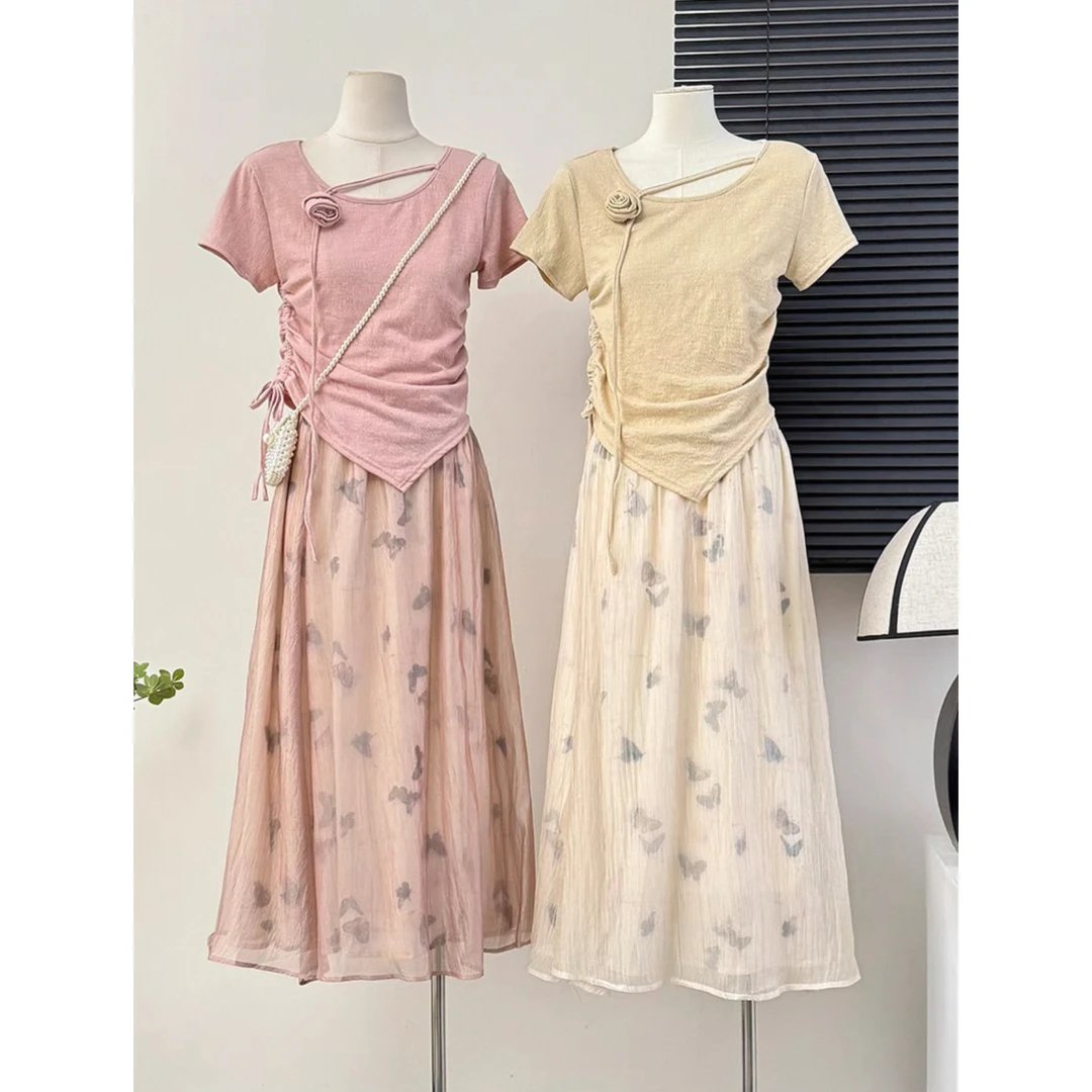 新中式国风立体花朵系带不规则T恤女夏季蝴蝶网纱半身裙时尚套装