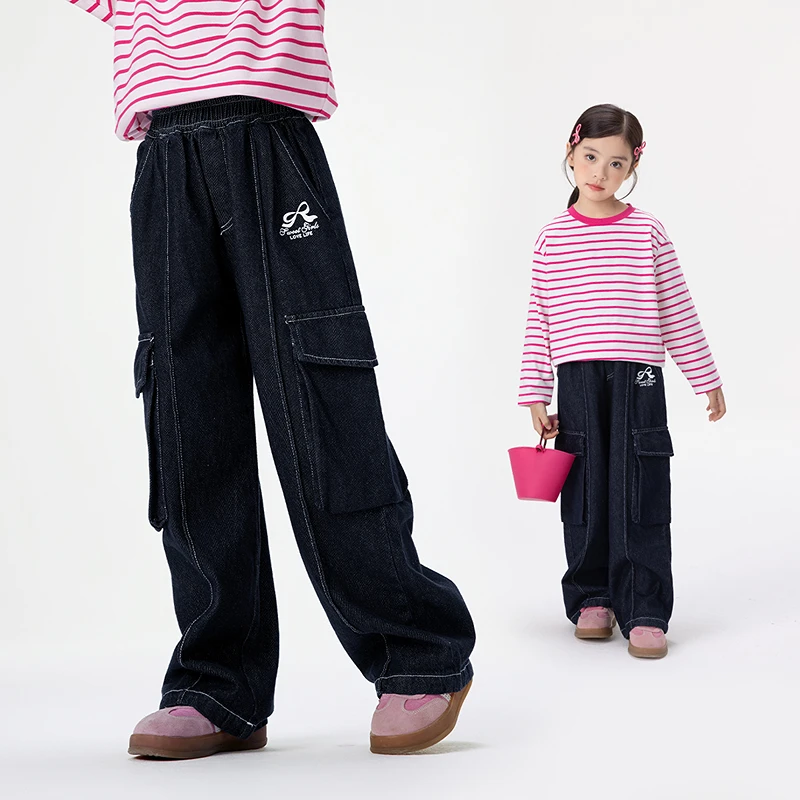 【裤子校服神器】女童牛仔裤25春秋新直筒裤蝴蝶结印花口袋工装裤
