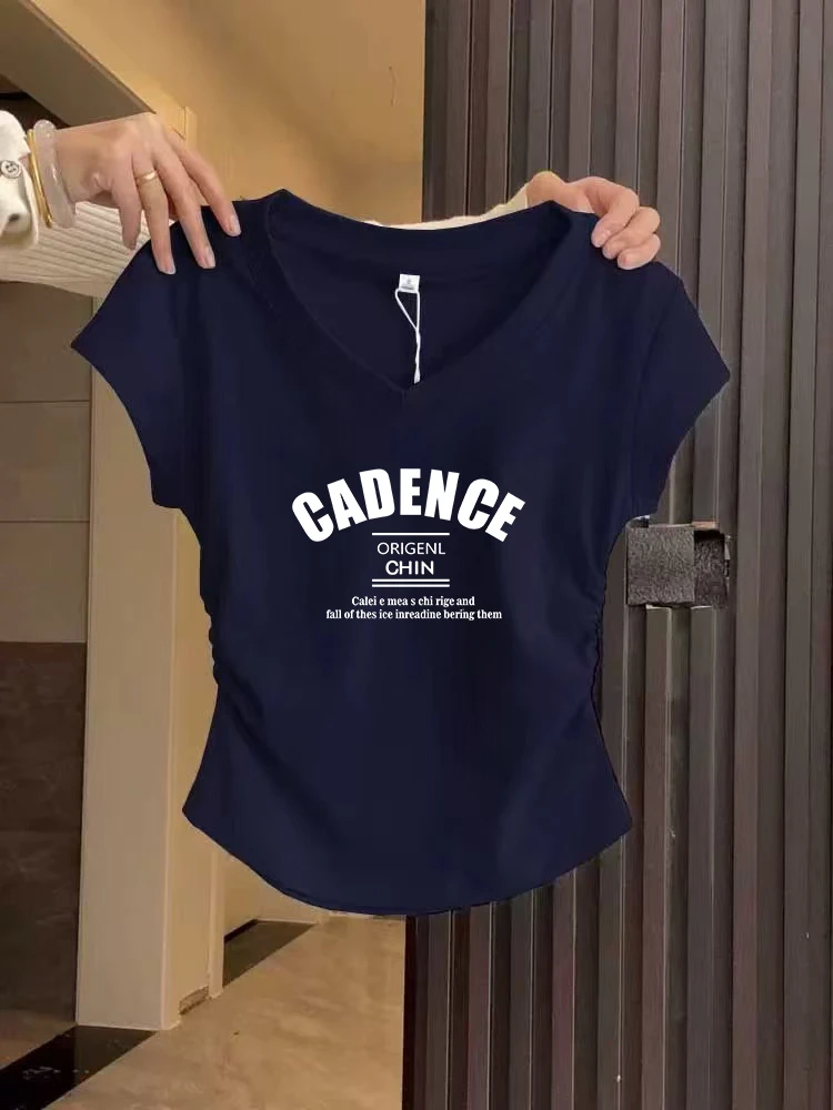 小众辣妹短袖藏蓝色V领少女感正肩T恤夏季2025卡腰褶皱显瘦上衣女