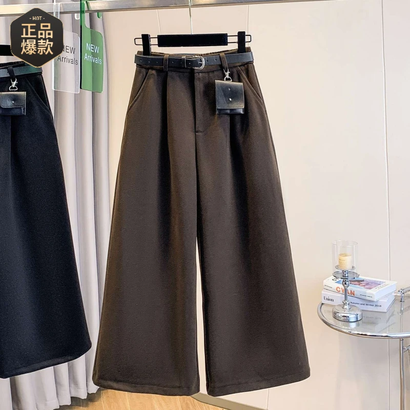 秋冬咖色毛呢直筒西装阔腿裤子女小个子慵懒松弛感宽松八分哈伦裤