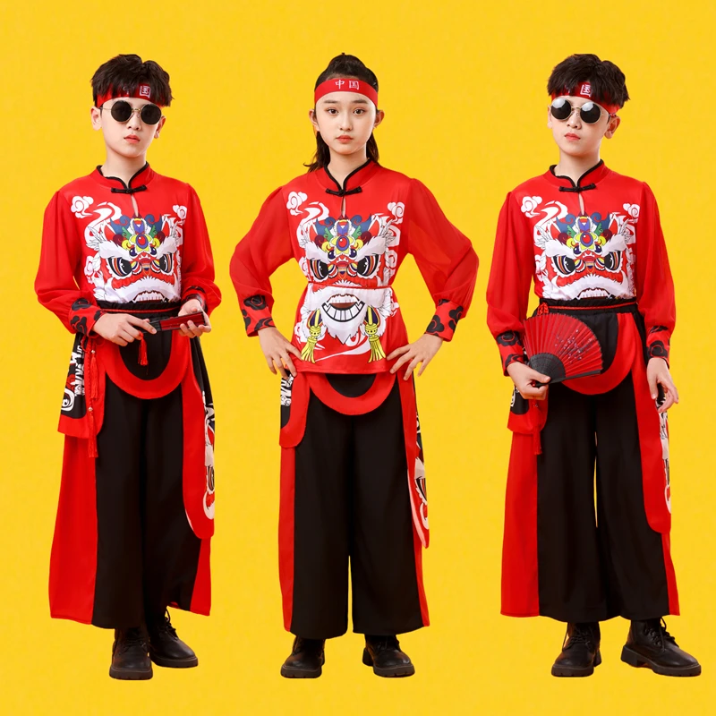 国潮演出服打鼓服喜庆中国红舞蹈服秧歌服广场舞走秀服练功服套装