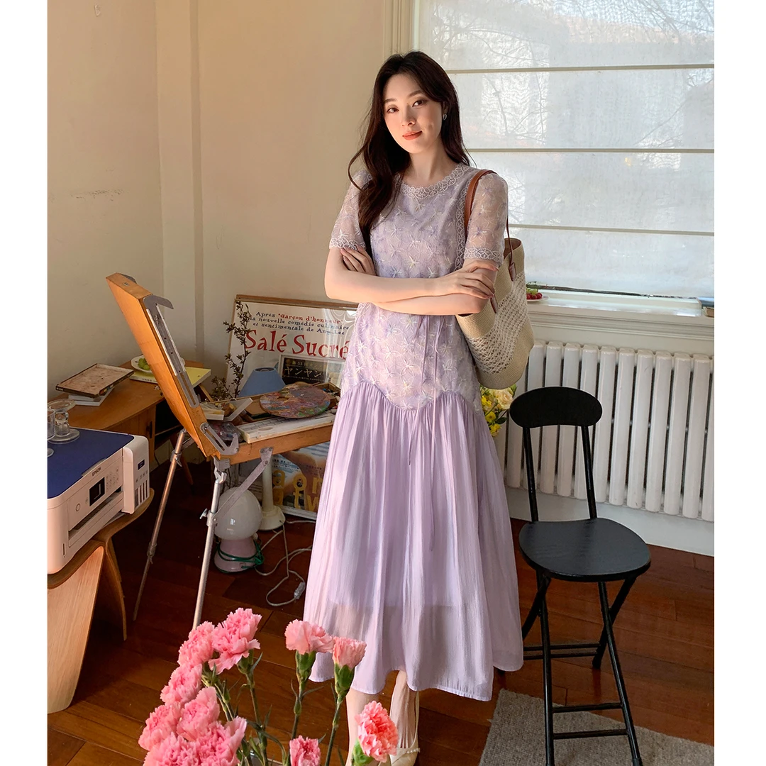 GERTCOREL2025新款夏季法式高级感穿搭温柔风短袖高个子连衣裙女