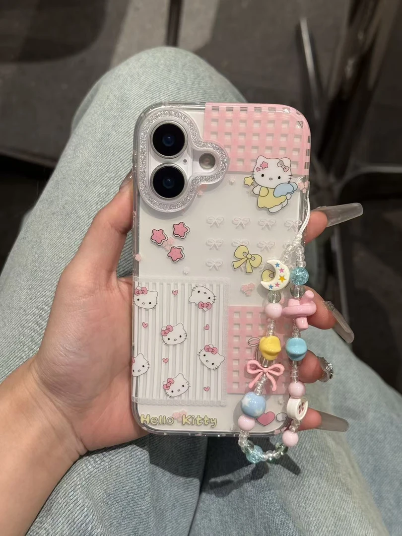 ins小众格纹蝴蝶结猫咪闪框适用苹果16/15/14promax/13手机壳