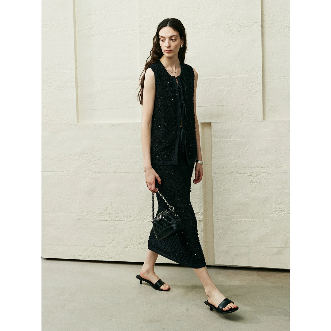 MARIUS“香榭丽”和纸纱线立体格纹肌理系带小香马甲针织半裙蕾丝