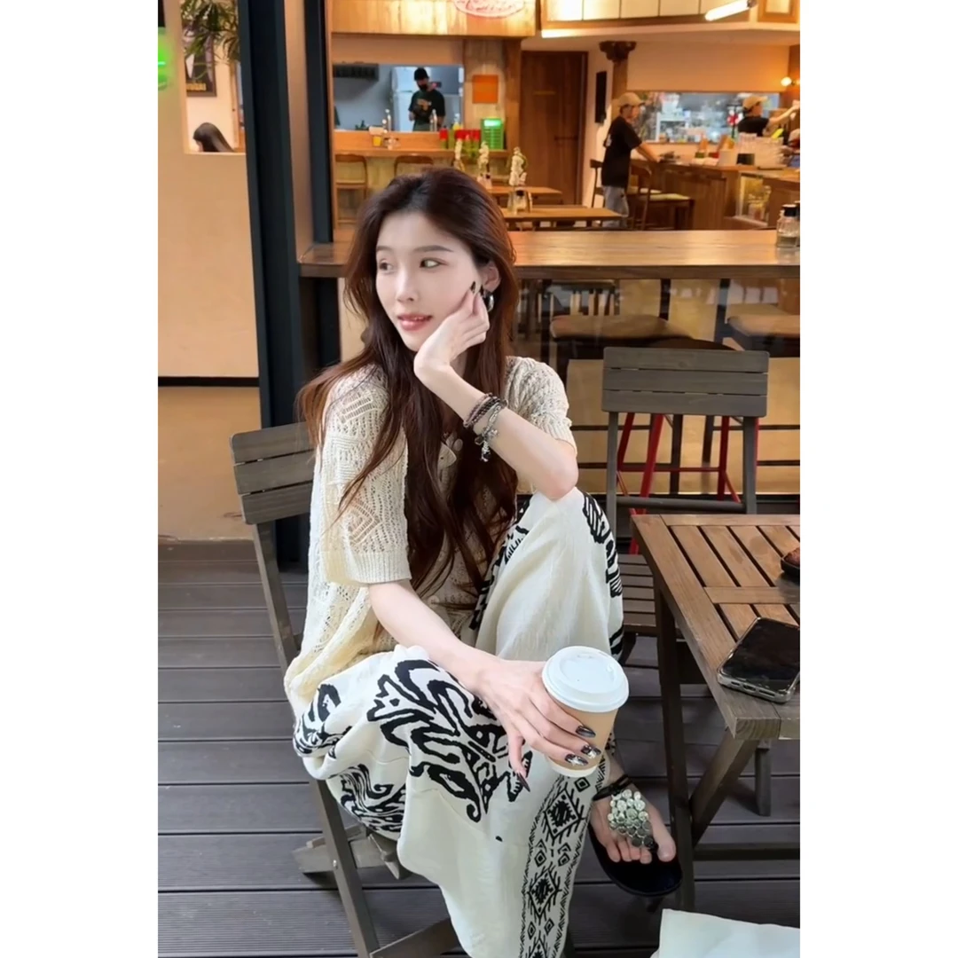 MARIE.COCO老钱风针织开衫女夏季新款高腰图腾休闲阔腿裤套装