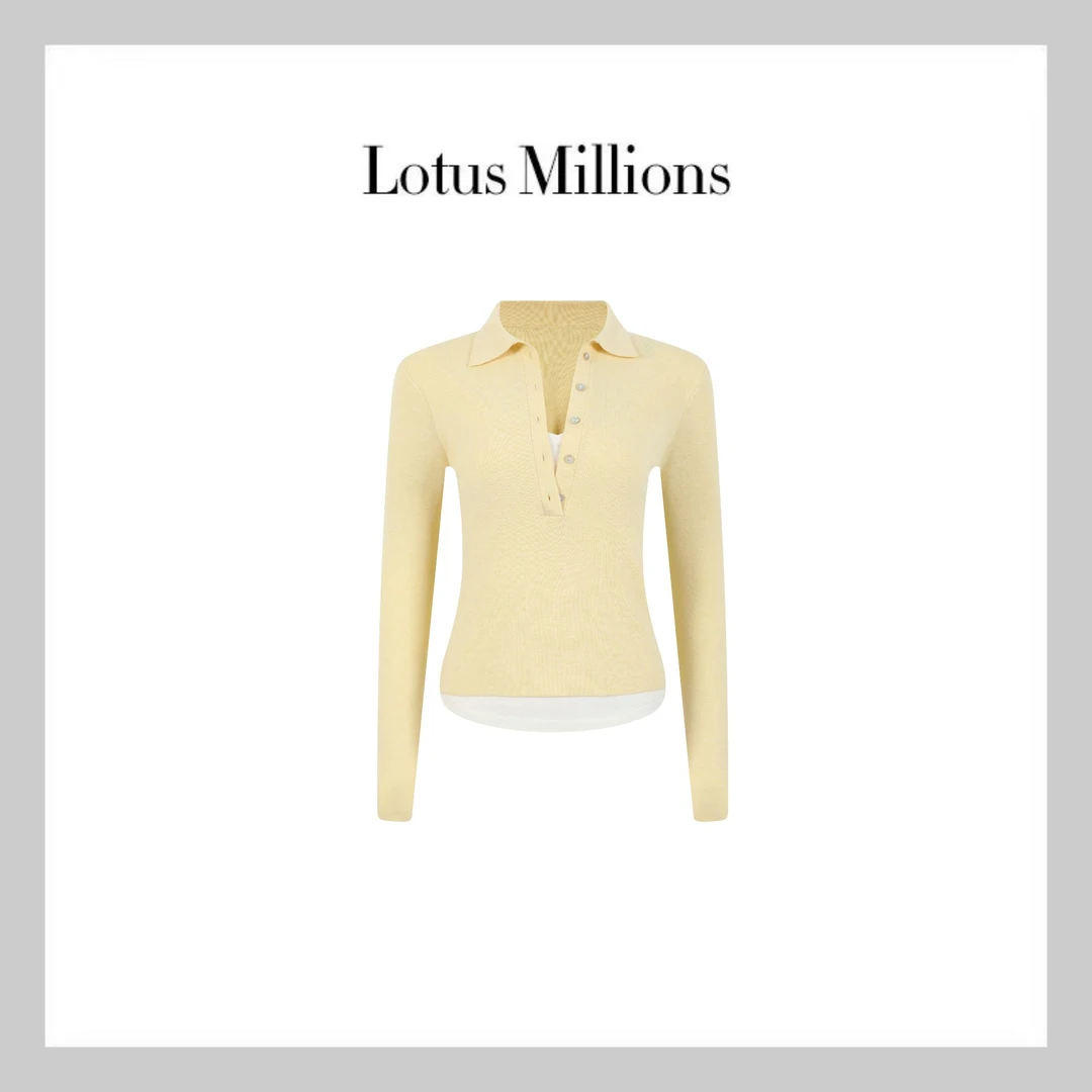 莲的百万 【柠檬】2025年新款羊毛黄色假两件半开领长袖针织上衣