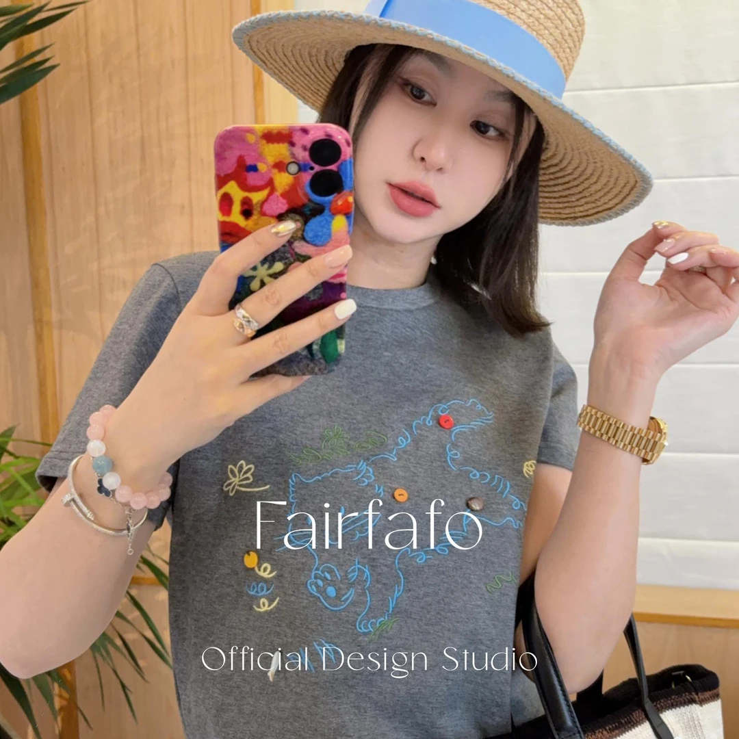 FAIRFAFO林肉肉【毛毛猫刺绣短袖】YS5ZA0433夏季舒适可爱刺绣T恤