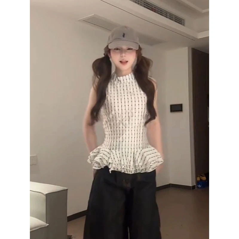 潮流网红时尚气质百搭高甜美波点无袖衬衫女夏季新款收腰小众气质