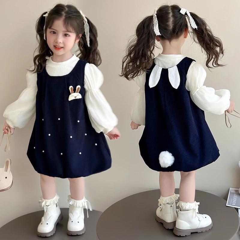 （学院风）女童兔耳朵花苞连衣裙套装女宝宝泡泡袖打底衫两件套