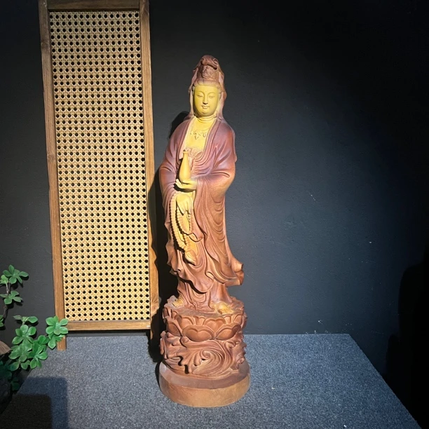 自在平安·观音 创意家居木雕桌面摆件 香樟木: 直径17-高66