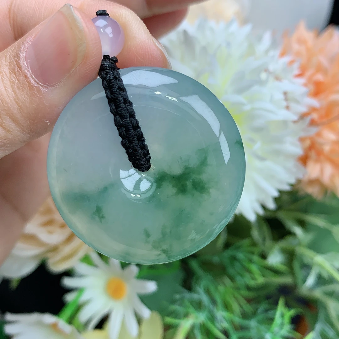 缅甸天然翡翠a货玉石冰种起胶飘花饱满大平安扣尺寸38.6/8.2mm大