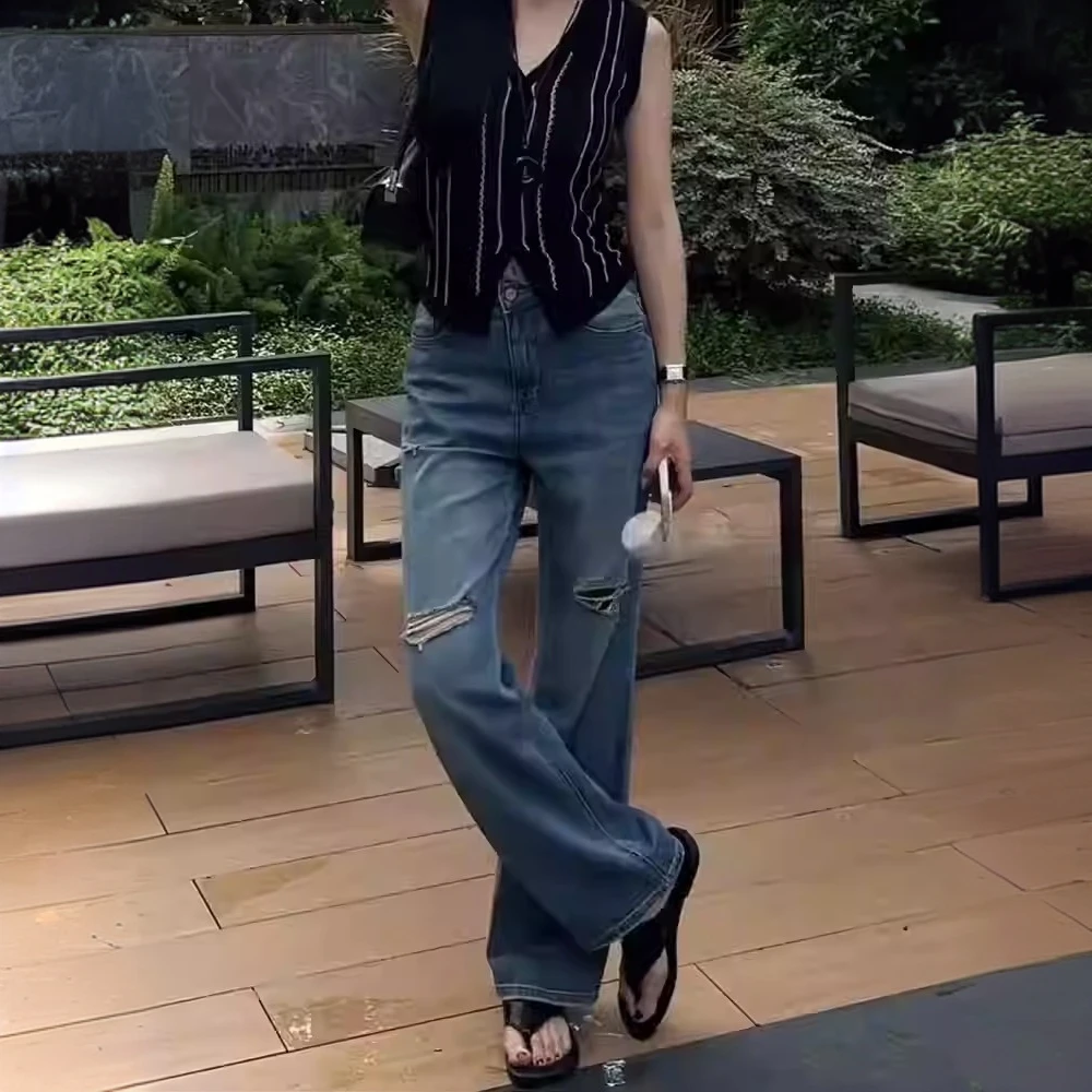 水洗破洞牛仔裤窄版阔腿梨形女夏季新款高腰宽松显瘦直筒拖地裤子