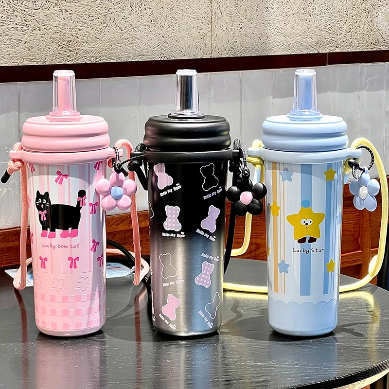 时尚轻奢带茶仓316吸管杯可爱高颜值水杯大容量便携防摔斜跨双饮