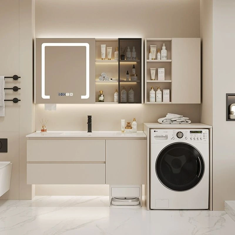 2025新款卫生间现代洗衣机柜陶瓷一体洗手盆浴室柜组合扫地机器人