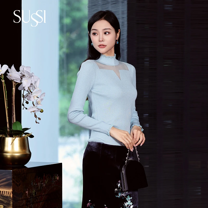 SUSSI/古色24秋冬商场同款蓝色半高领毛针织衫修身内搭上衣女