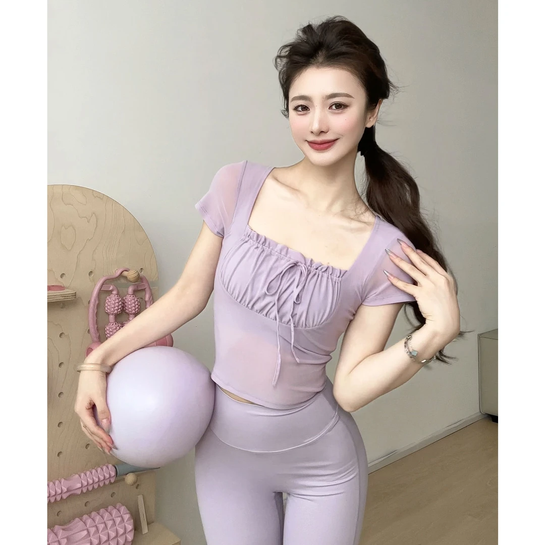 gogoyoga纯欲风花边褶皱瑜伽服上衣带胸垫运动短袖百搭显瘦瑜伽服