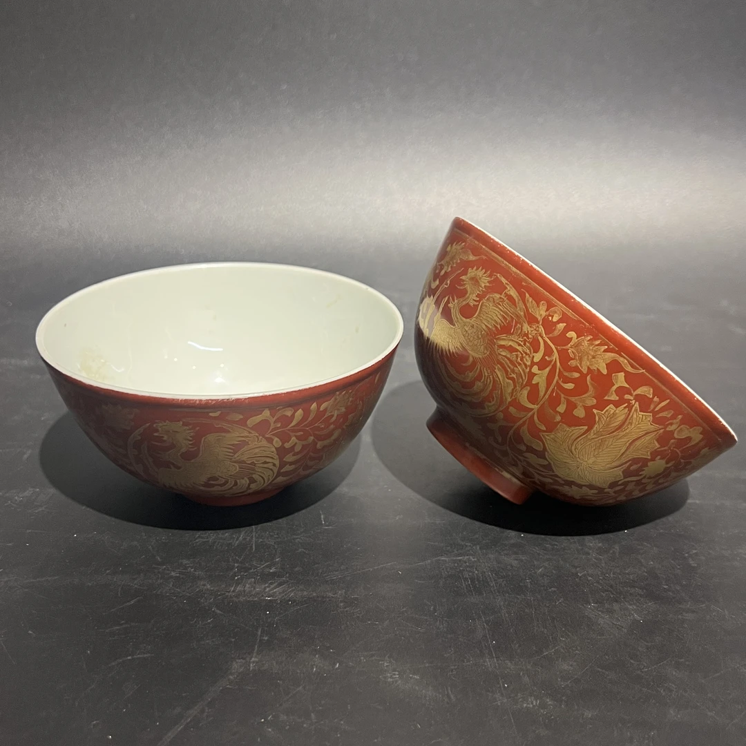 C- 明 宣德 珊瑚红底描金缠枝龙凤纹对碗 高6.5口径12