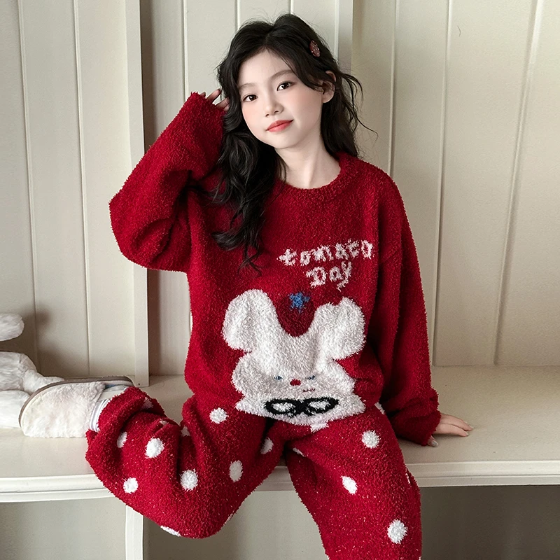 冬季加厚儿童睡衣2026新款初中生本命年半边绒家居服女童居家套装