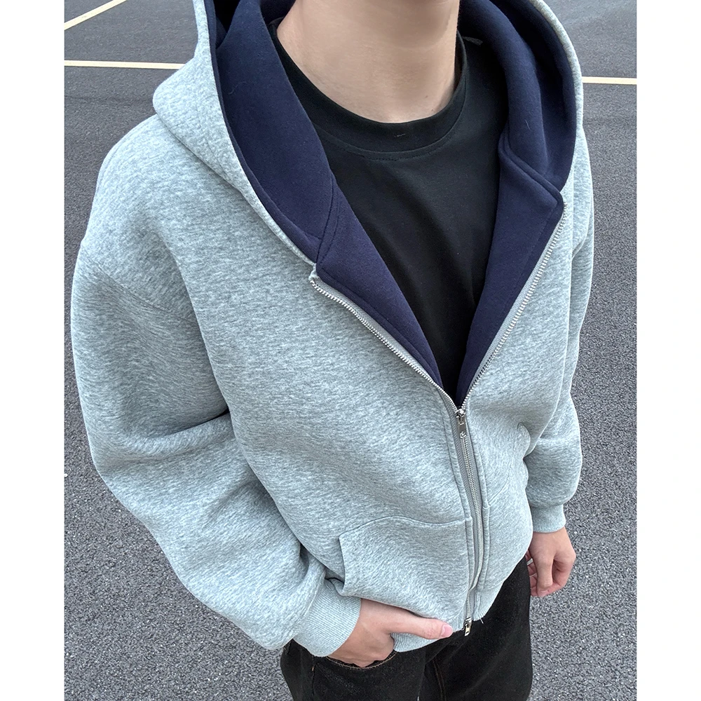 短宽拼色卫衣男连帽秋季新款宽松潮流简约休闲460g重磅开衫外套