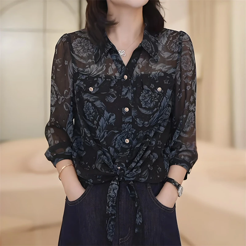 翻领下摆系带印花衬衫女2025秋季新款层次感休闲气质减龄洋气上衣