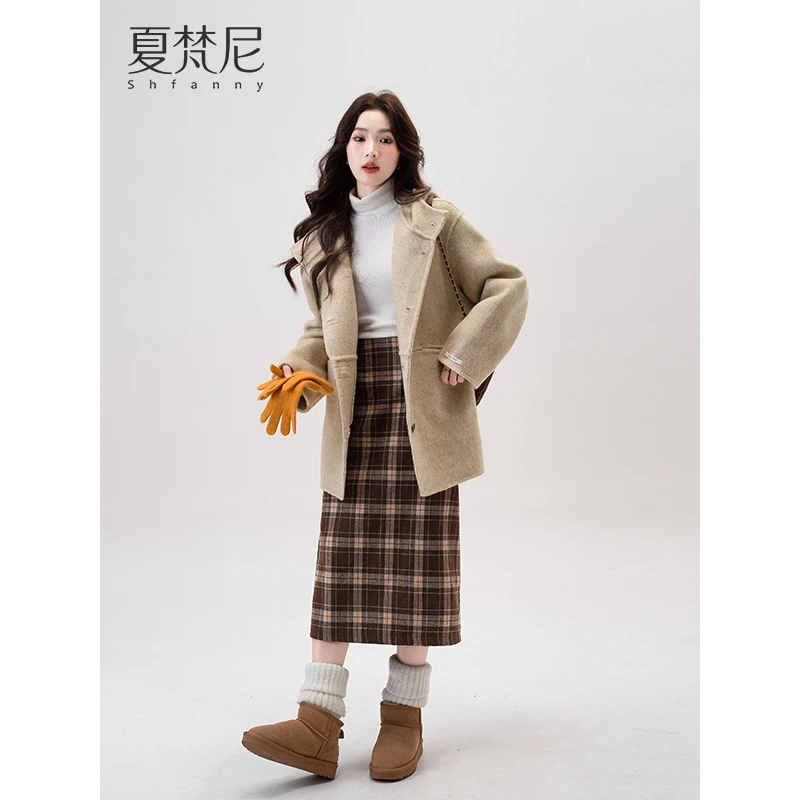 夏梵尼【小野丽莎】秋冬新款短款简约休闲羊毛双面呢大衣外套W